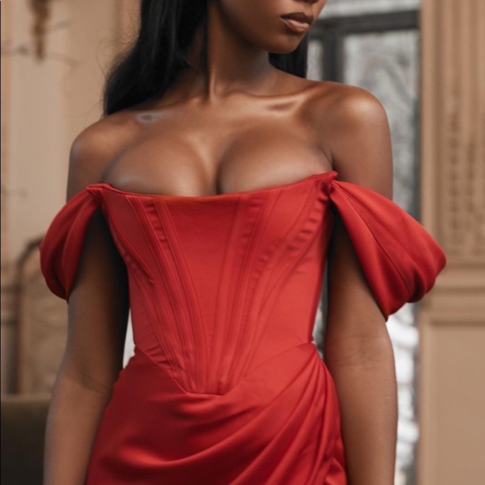 House of CB Red Off-Shoulder Satin Midi Dress - Picture 6 of 7
